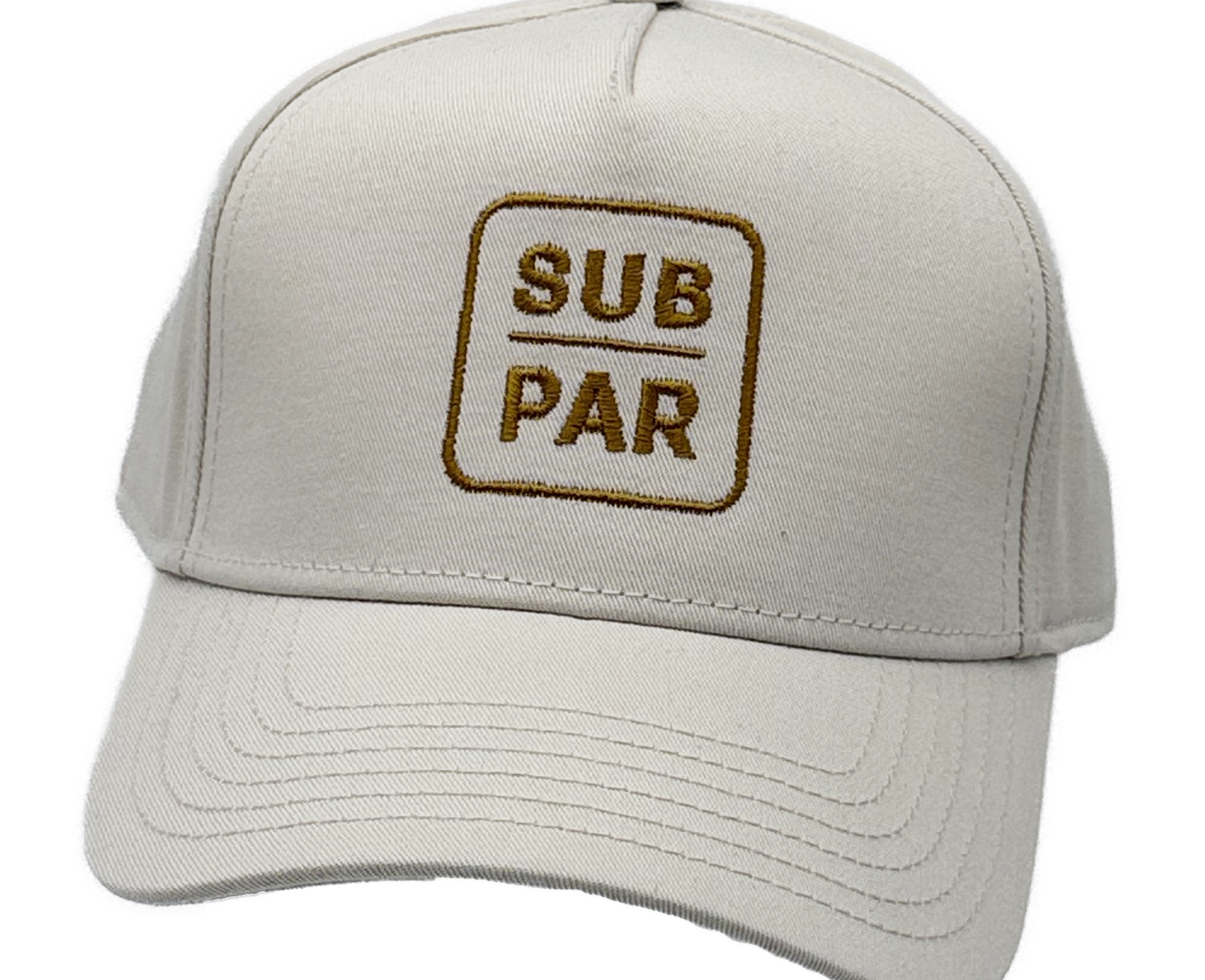 Sub Par ecru five-panel golf hat front view
