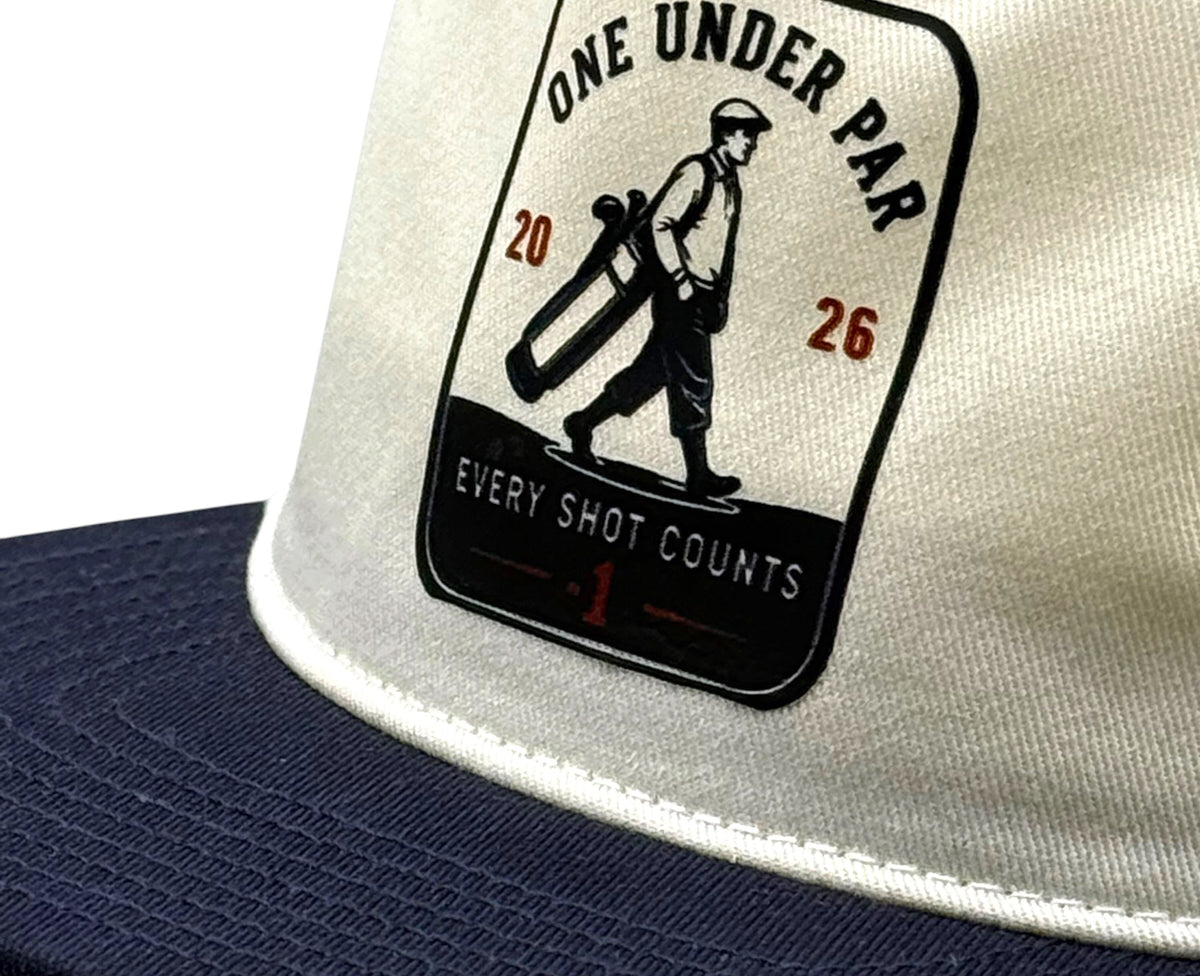 Every Shot Counts natural and navy vintage golf hat front view