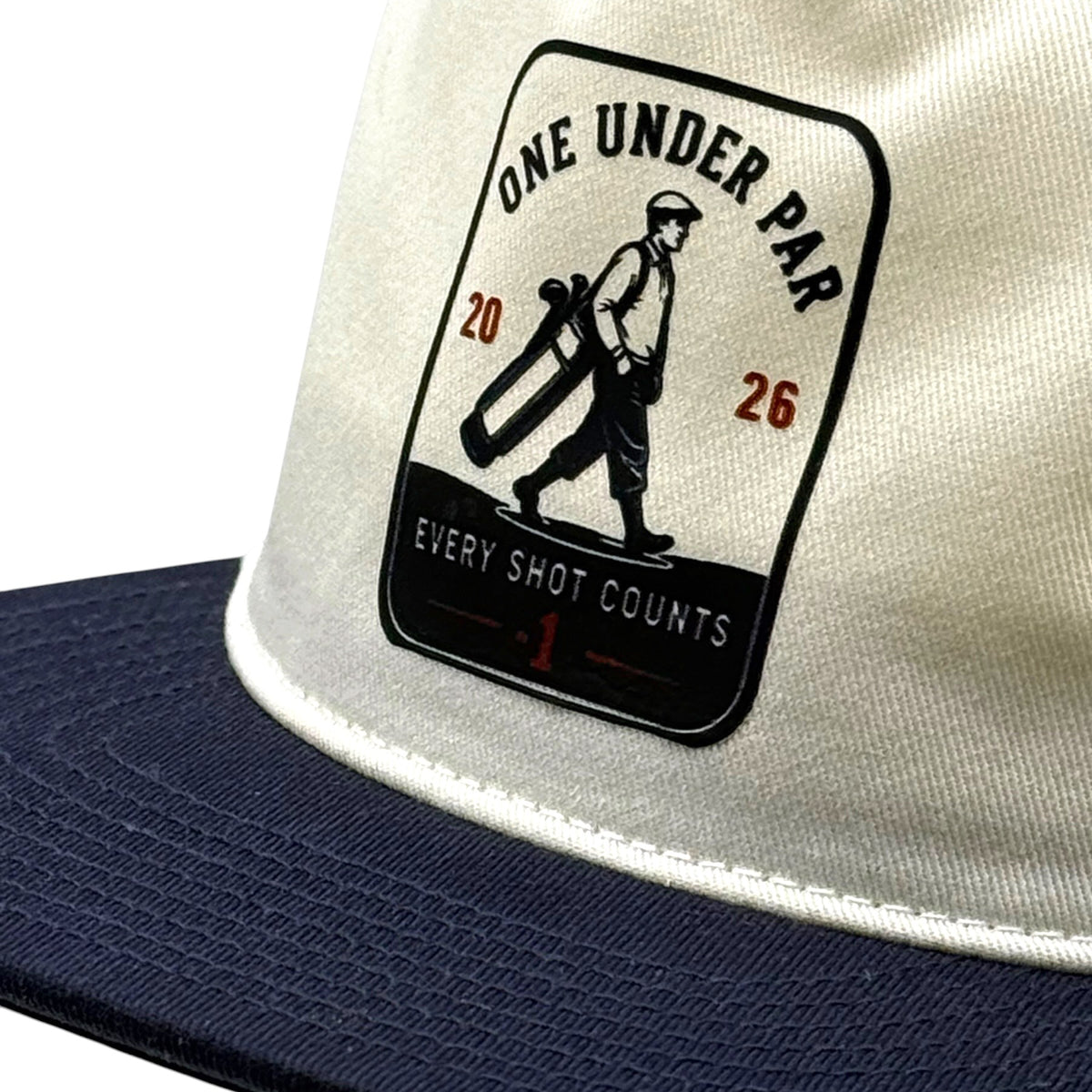 Every Shot Counts natural and navy vintage golf hat front view
