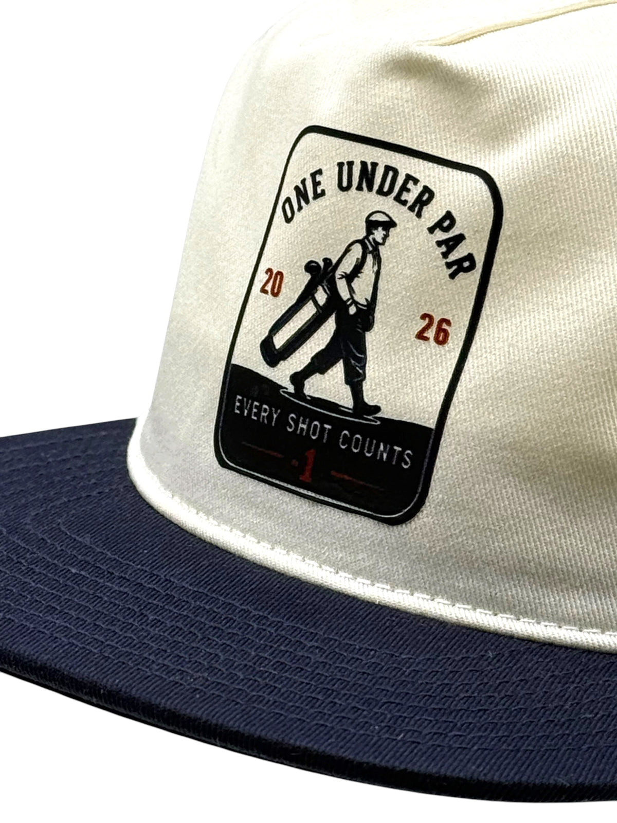 Every Shot Counts natural and navy vintage golf hat front view