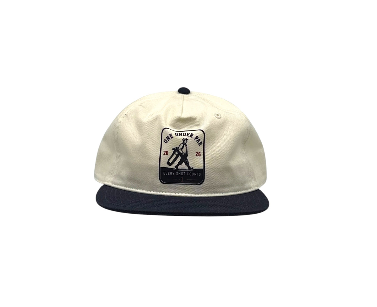 Every Shot Counts natural and navy hat side view