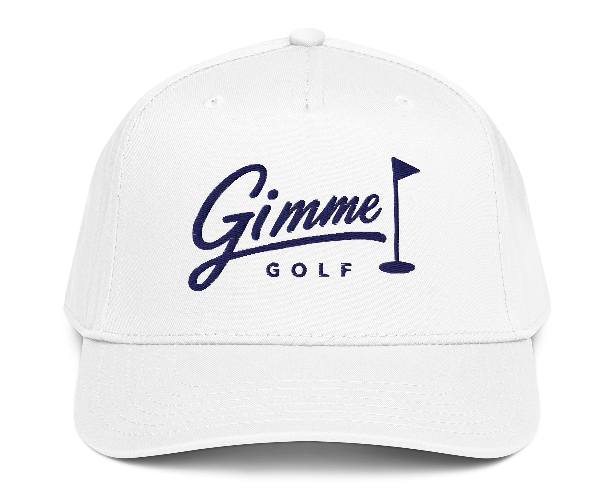 The Gimmie white five-panel golf hat front view