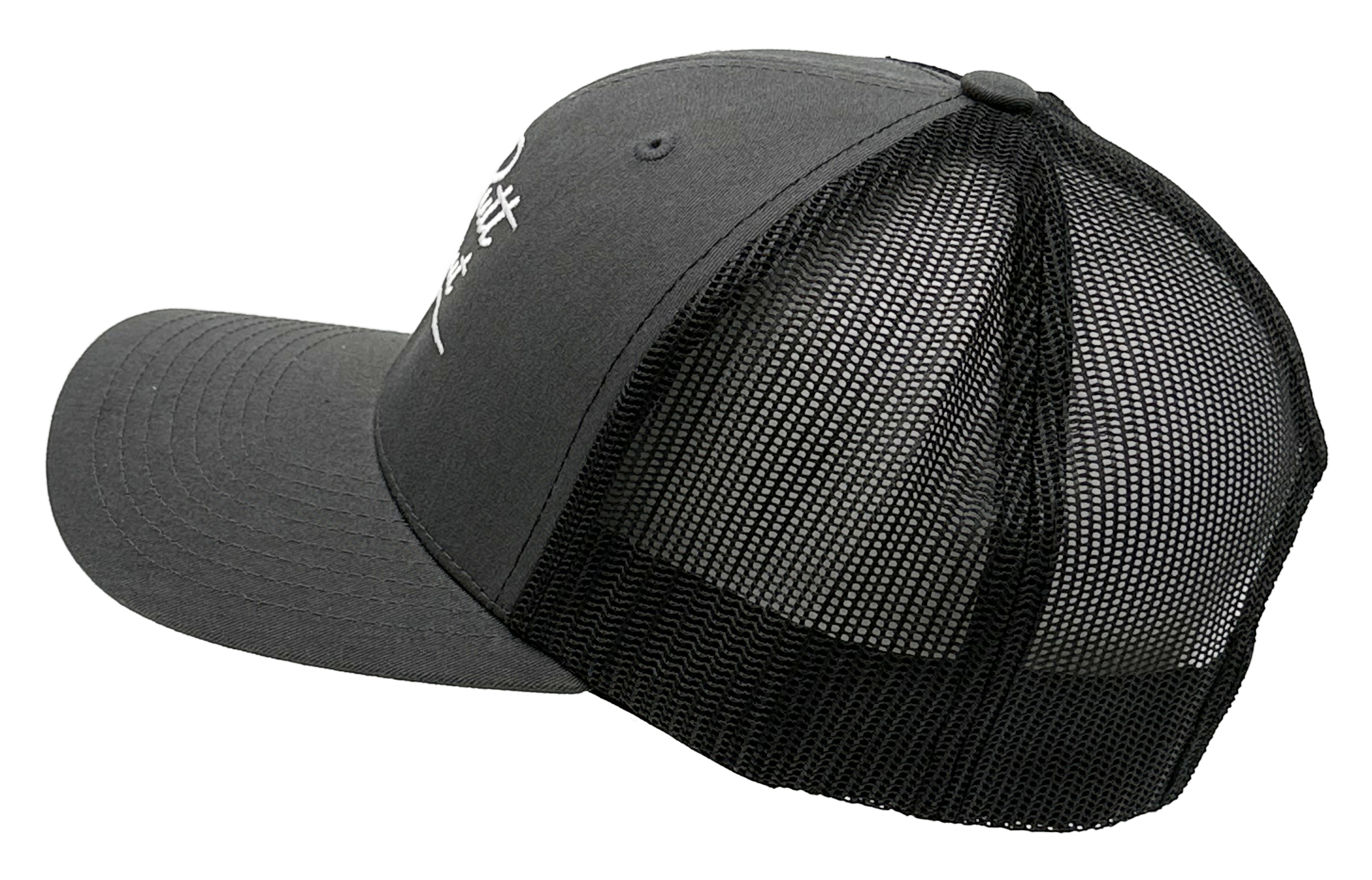3 Putt Strut charcoal trucker hat, side view