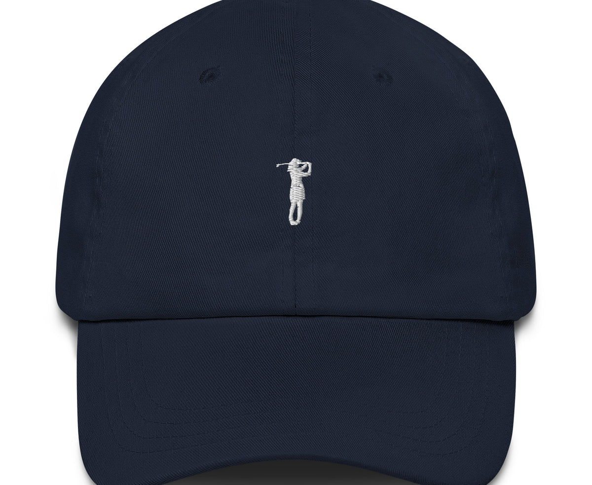 Girl Golfer navy embroidered dad hat front view