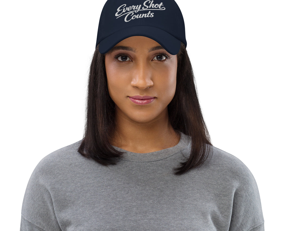 Every Shot Counts navy embroidered hat front detail