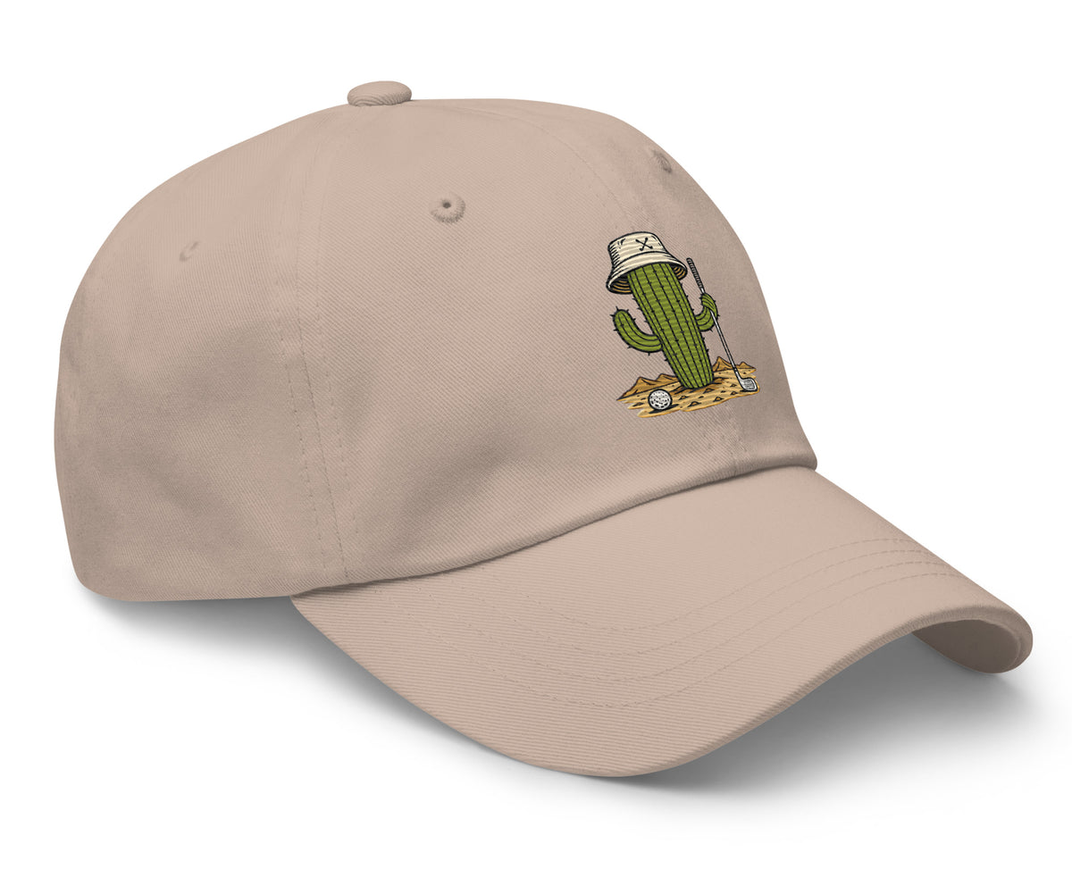 Golf Cactus stone dad hat, angled front view