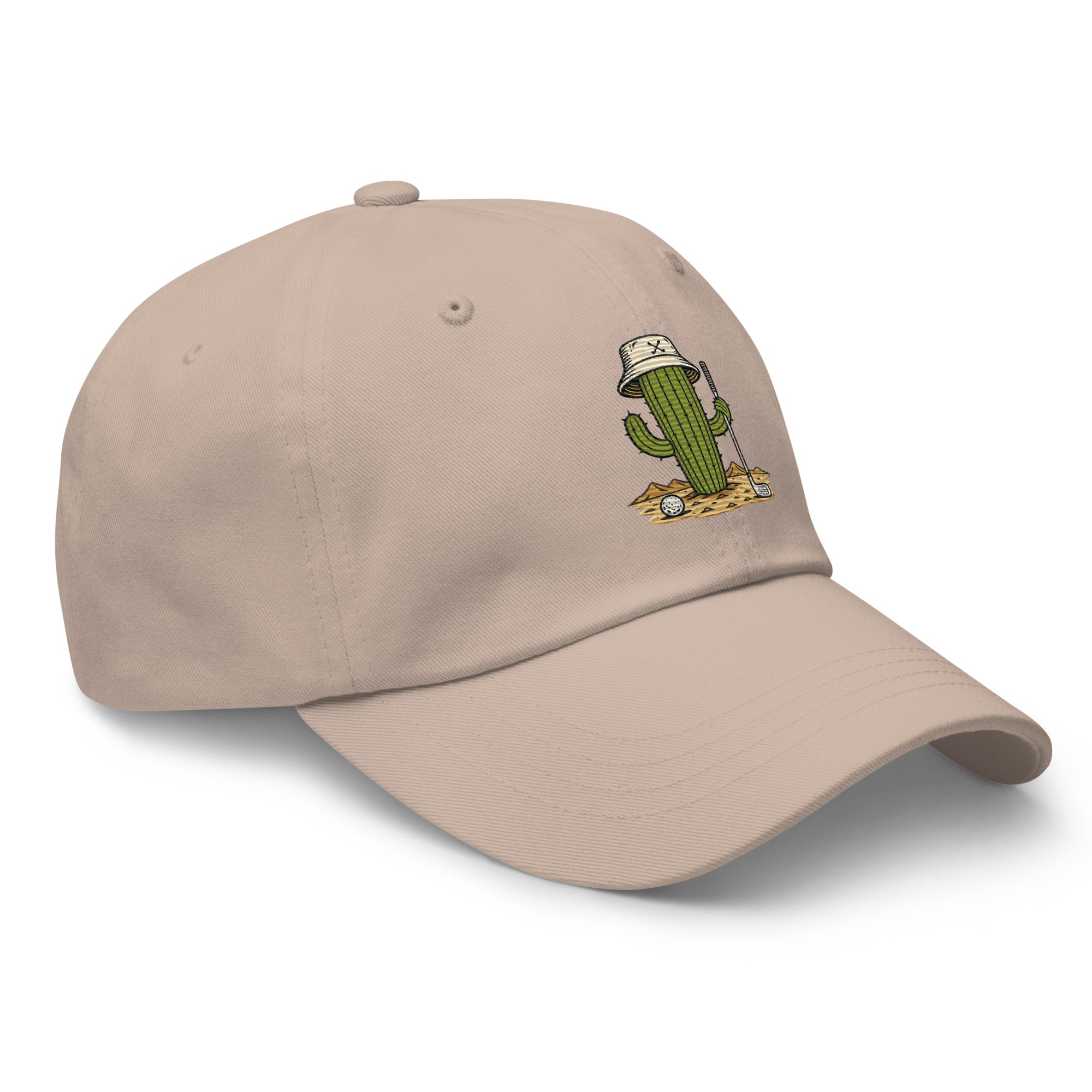 Golf Cactus stone dad hat, angled front view