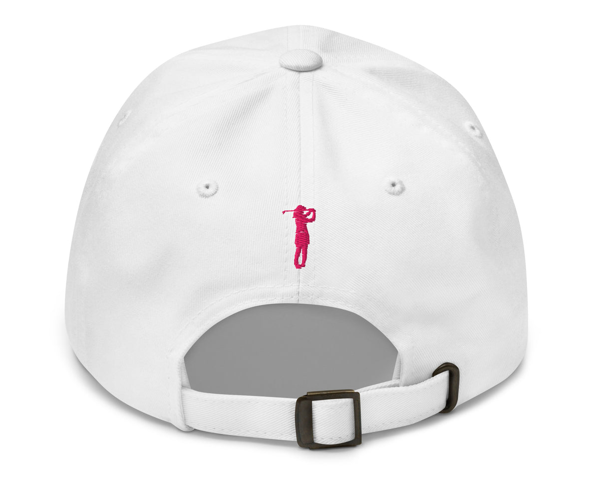 Birdie Script white golf hat back golfer emblem