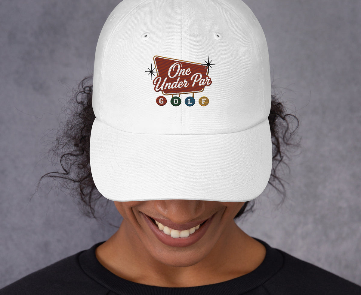 Vegas Style white embroidered hat front detail