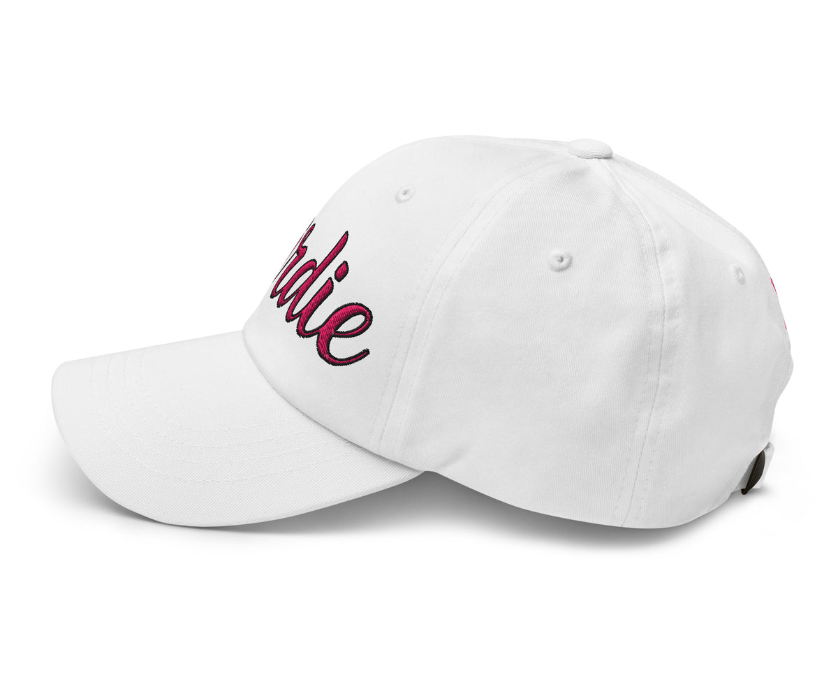 Birdie Script white golf hat left-side view