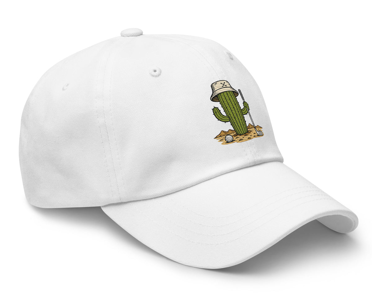 Golf Cactus white dad hat, angled front view