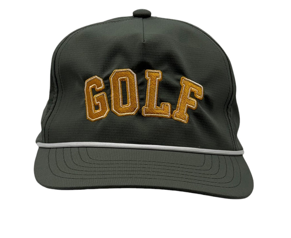 Golf Script moss and gold rope hat embroidery detail