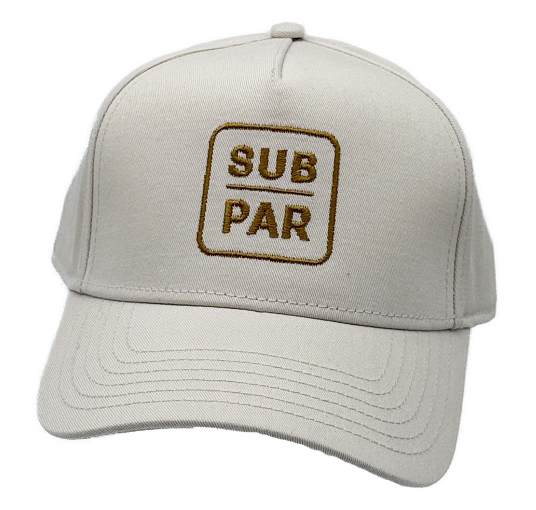 Sub Par ecru five-panel golf hat front view