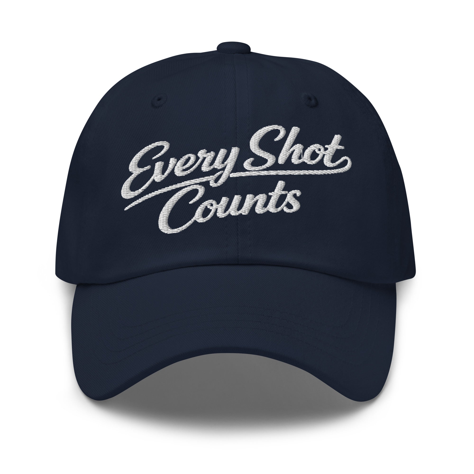 Every Shot Counts navy embroidered golf hat front view