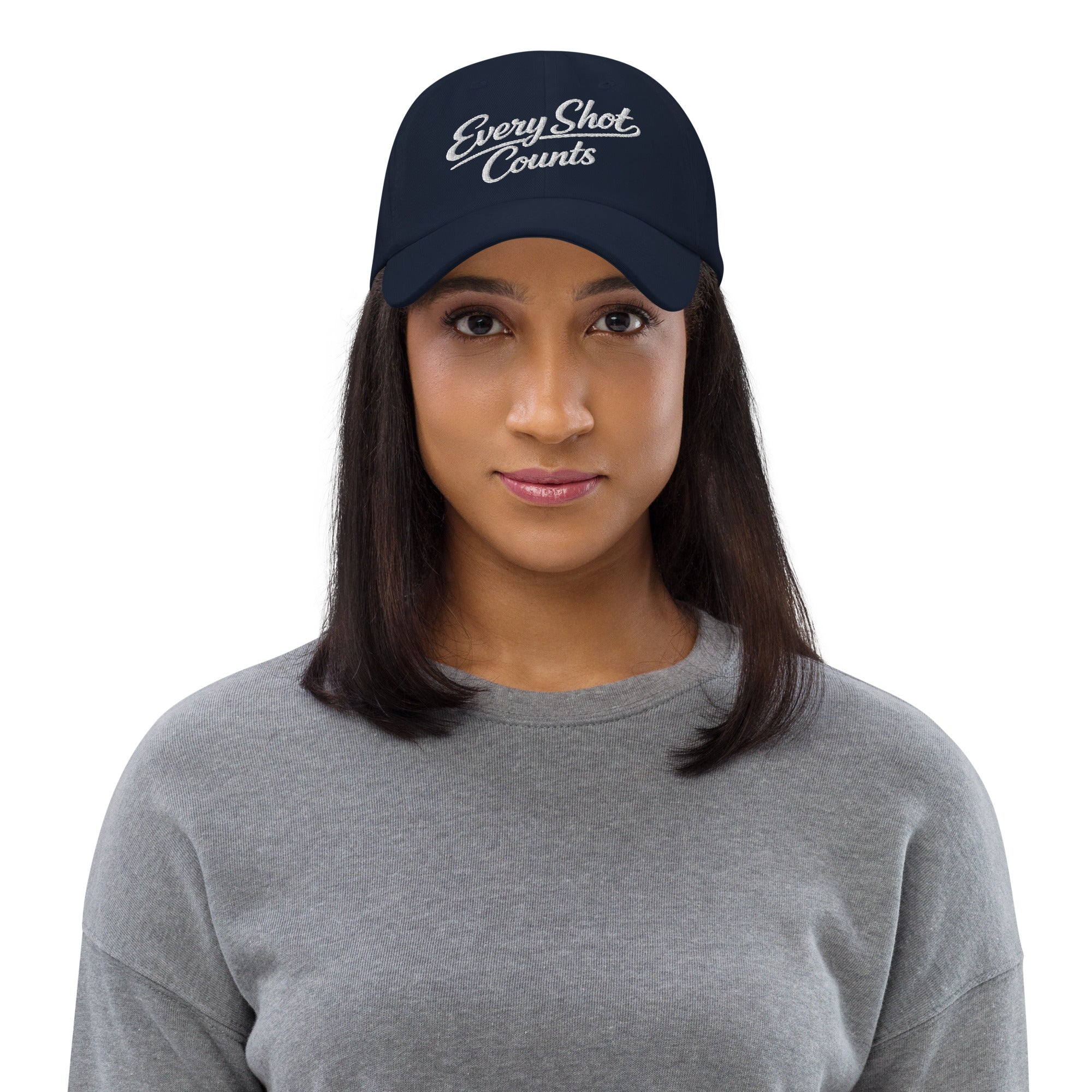 Every Shot Counts navy embroidered hat front detail
