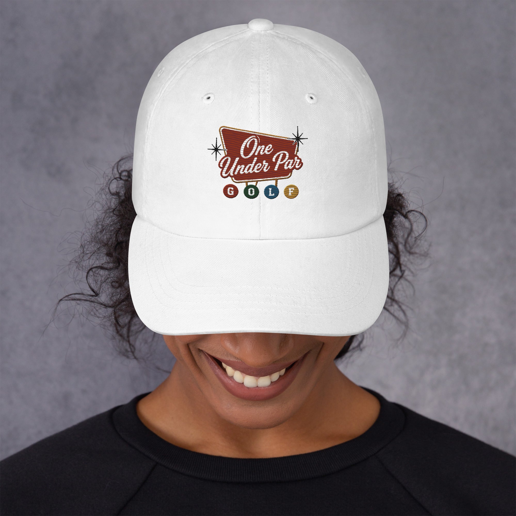 Vegas Style white embroidered hat front detail