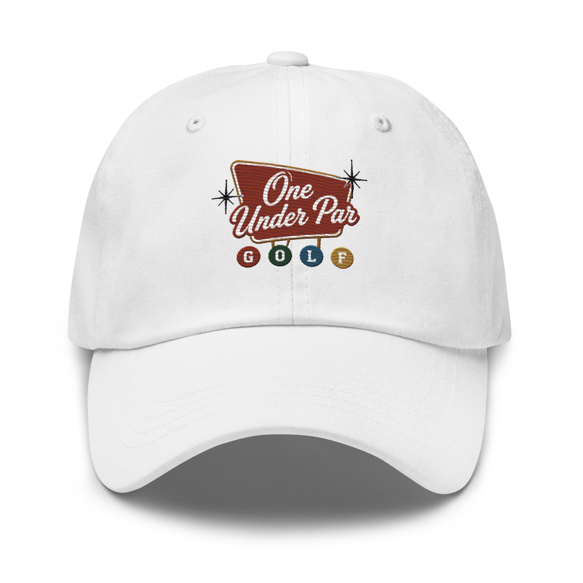 Vegas Style white embroidered golf hat front view