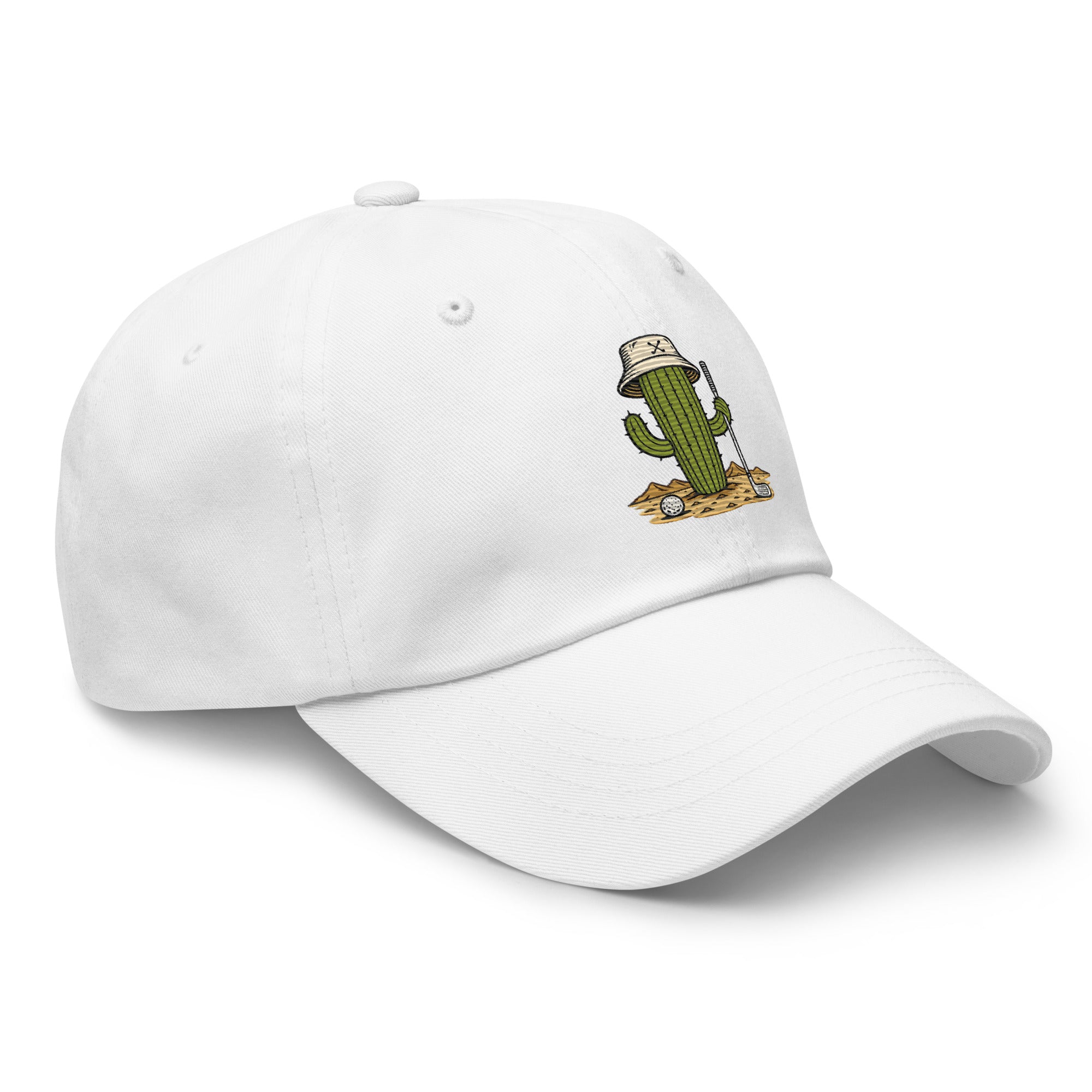 Golf Cactus white dad hat, angled front view