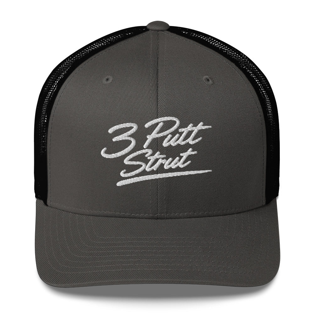 3 Putt Strut charcoal trucker hat, front detail