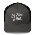 3 Putt Strut charcoal trucker hat, front detail