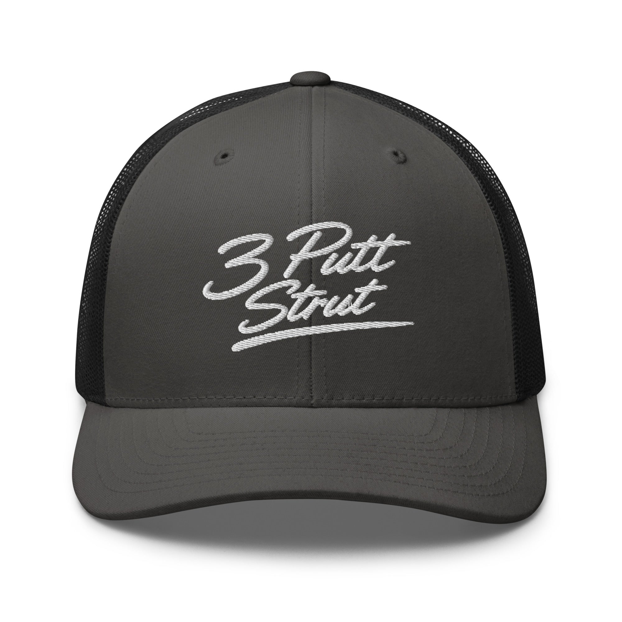 3 Putt Strut charcoal trucker hat, front view