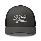 3 Putt Strut charcoal trucker hat, front view