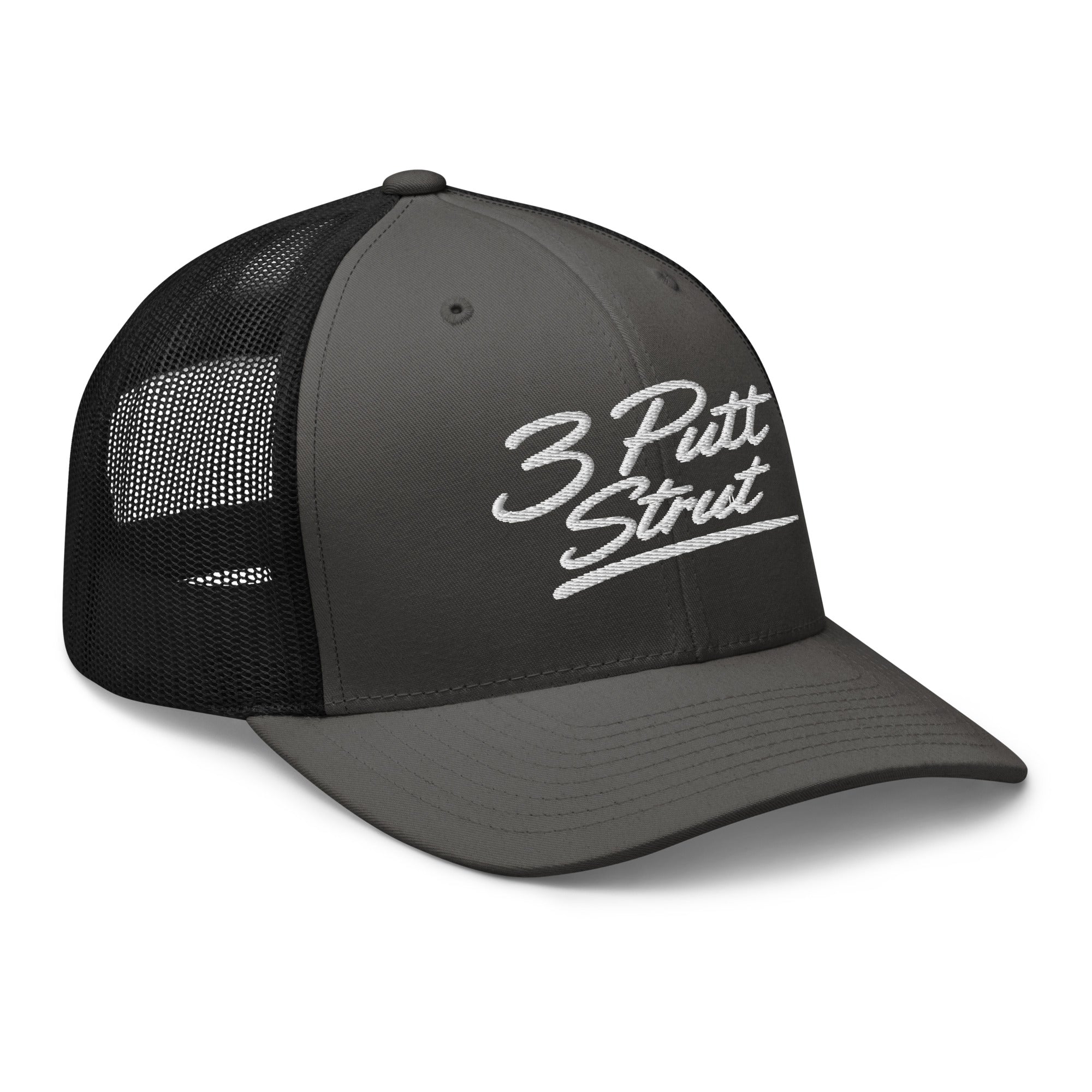 3 Putt Strut charcoal trucker hat, angled front view